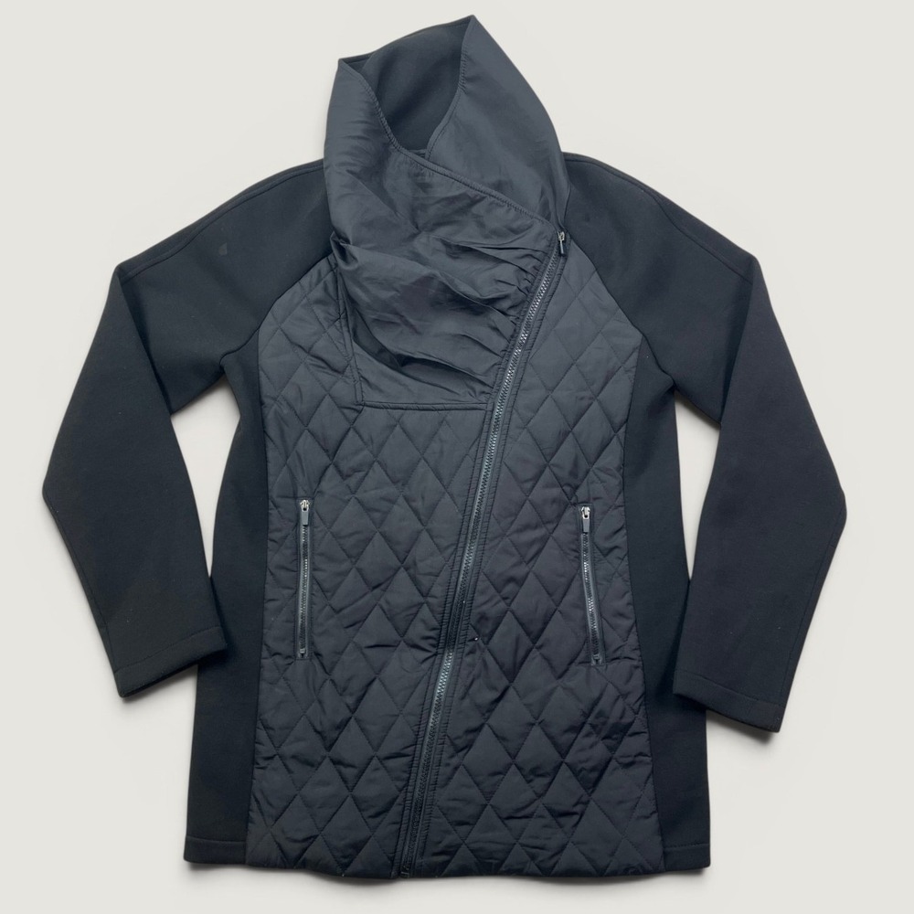 Fabletics Womens M Jacket Black Quilted Asymmetrical Zip Funnel Neck